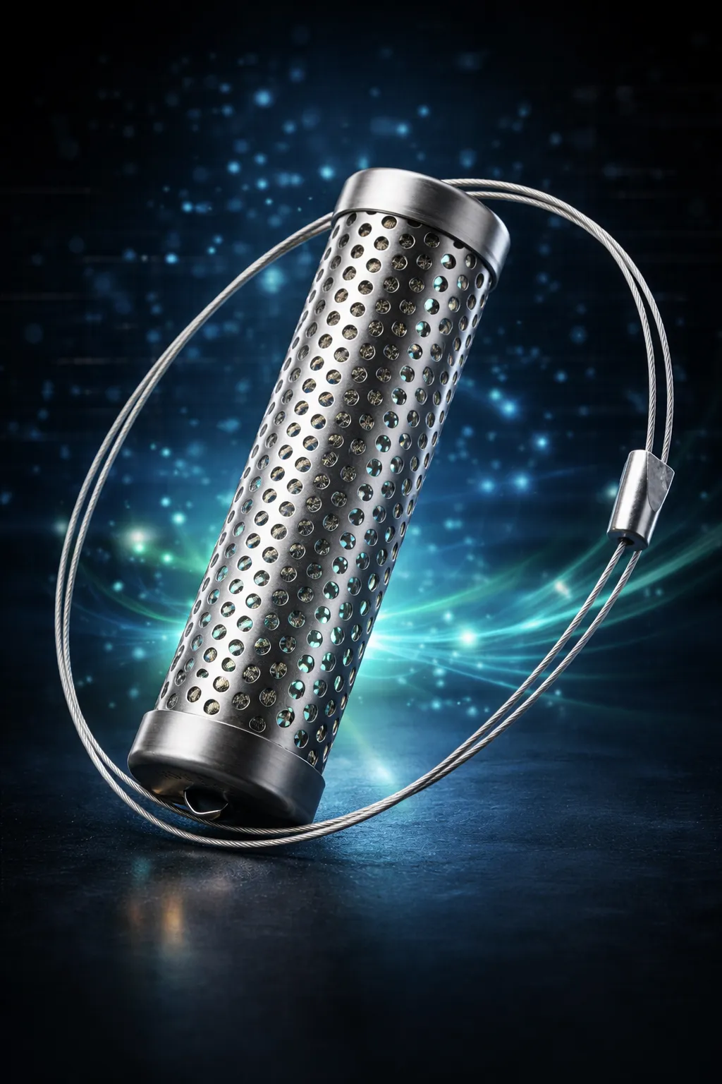 Close-up of Supertech fuel optimizer device with stainless steel perforated design on a dark technology background
